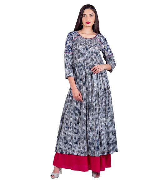 Double Layered Indigo Chevron Style Indo Western Dress