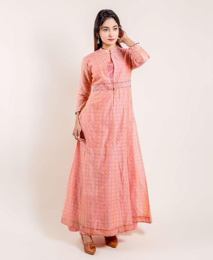 Peach Hand Block Printed Indo Western Jacket Dress