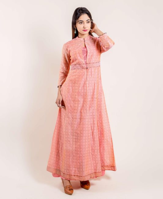 Peach Hand Block Printed Indo Western Jacket Dress