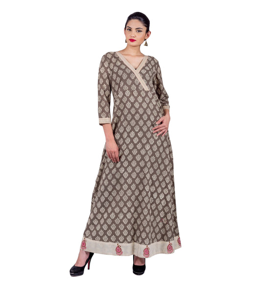 V-Neck Angrakha Style Princess Cut Floor Length Indo Western Flare Dress