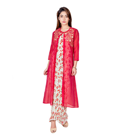 Off-White and Red Long Indo Western Kurta with Chanderi Jacket