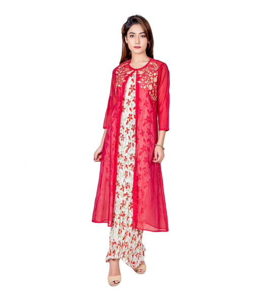Off-White and Red Long Indo Western Kurta with Chanderi Jacket