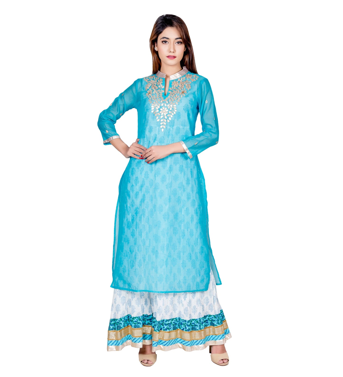 Turquoise Hand Block Printed Floor Length Indo Western Kurta Dress