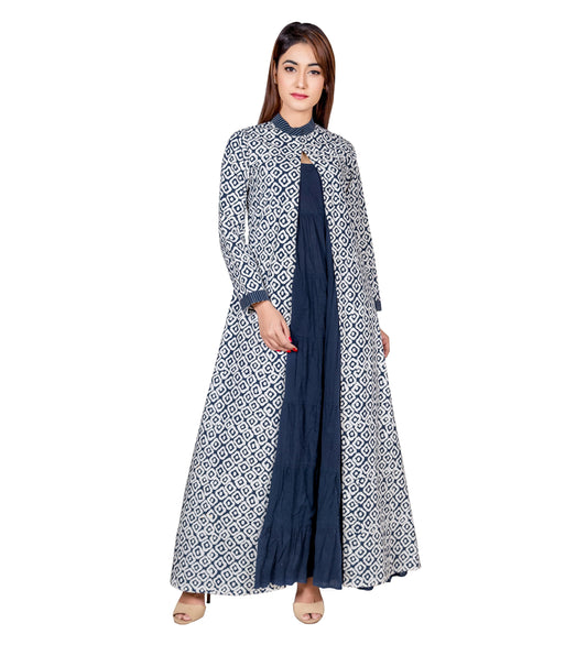 Blue & White Hand Block Printed Indo Western Long Jacket Dress