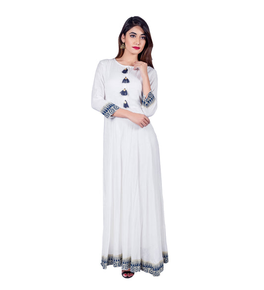 Crew Neck Empire Cut Floor Length Indo Western Maxi Dress With Front Panel Tassels