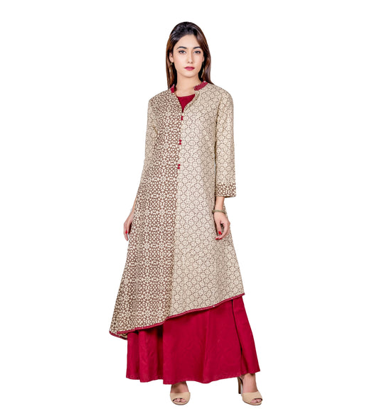 Hand Block Printed Indo Western Style Long Dress with Asymmetrical Kurta