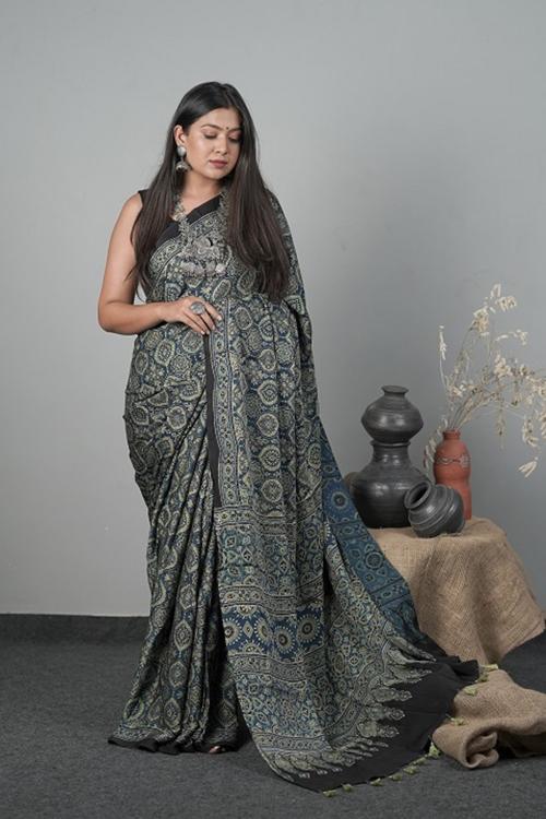 Traditional Hand block Printed Ajrakh Modal Silk Indigo Blue Saree