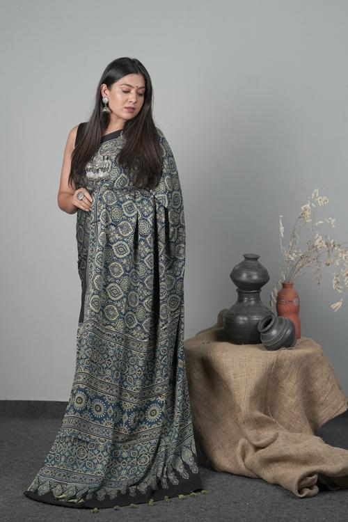 Traditional Hand block Printed Ajrakh Modal Silk Indigo Blue Saree