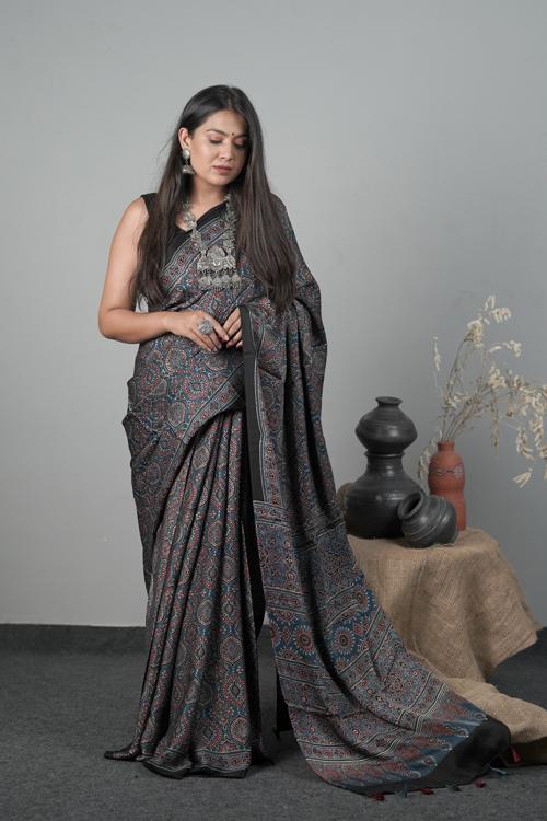 Traditional Indigo Blue Ajrakh Hand block Printed Modal - Silk Saree