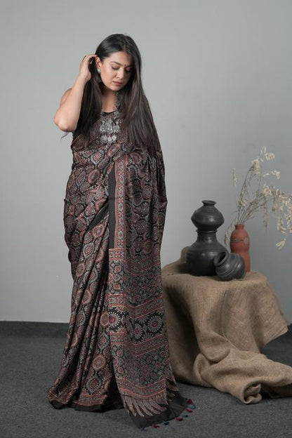 Traditional Ajrakh Hand block Printed Modal-Silk Saree Col Black