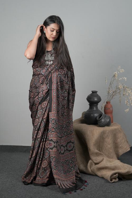 Traditional Ajrakh Hand block Printed Modal-Silk Saree Col Black