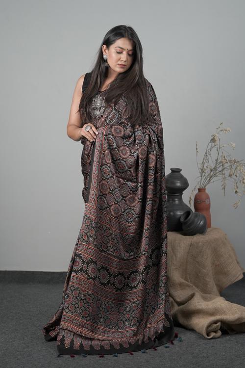 Traditional Ajrakh Hand block Printed Modal-Silk Saree Col Black