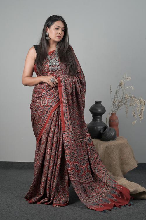 Traditional Hand block Printed Ajrakh Modal-Silk Saree Col-Red
