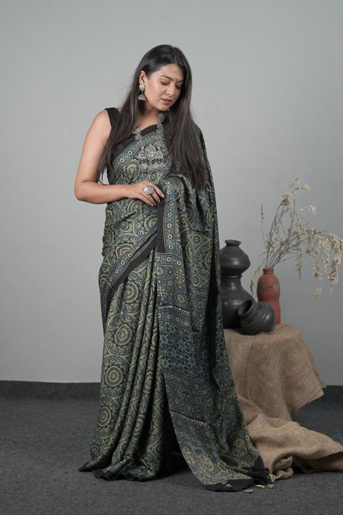 Traditional Modal-Silk Ajrakh Hand block Printed Saree Col- Indigo blue