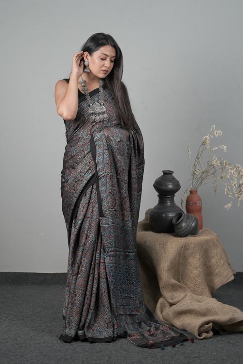 Traditional Ajrakh Hand block Printed Modal-Silk Saree, Colour Indigo Blue