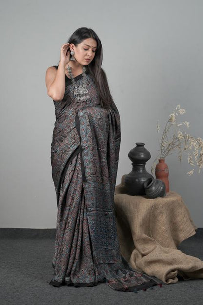 Traditional Ajrakh Hand block Printed Modal-Silk Saree, Colour Indigo Blue
