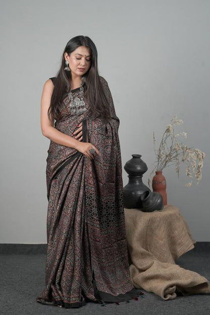 Traditional Ajrakh Hand block Printed Modal-Silk Black Saree