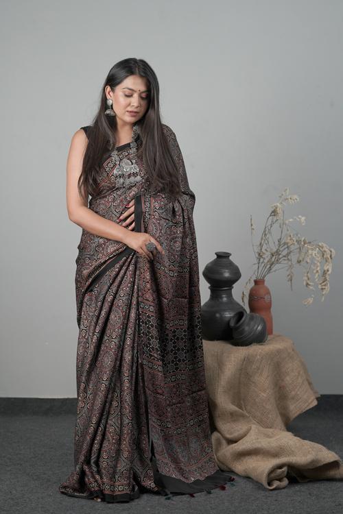 Traditional Ajrakh Hand block Printed Modal-Silk Black Saree