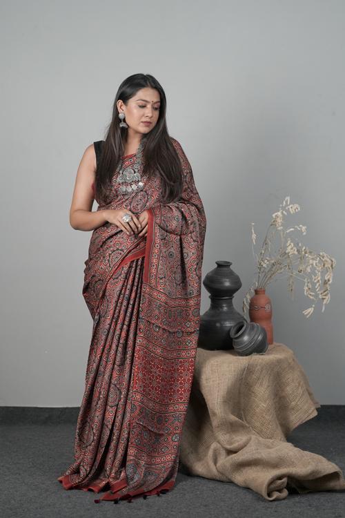Traditional Hand block Ajrakh Printed Modal-Silk Saree Color Red