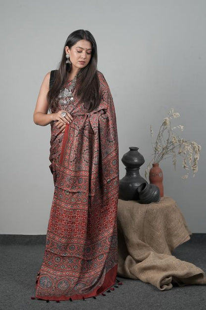 Traditional Hand block Ajrakh Printed Modal-Silk Saree Color Red