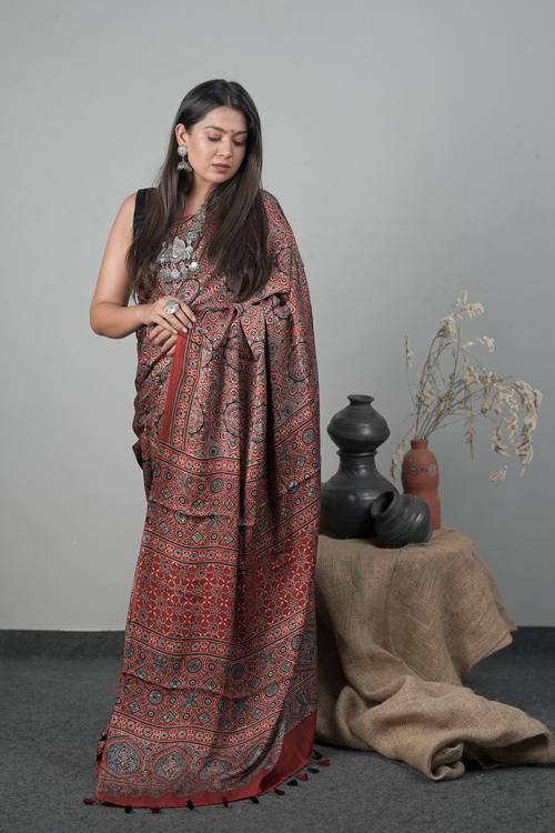 Traditional Hand block Ajrakh Printed Modal-Silk Saree Color Red