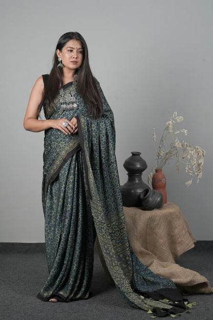 Traditional Ajrakh Indigo Blue Hand block Printed Modal-Silk Saree