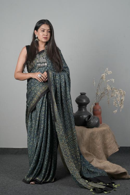 Traditional Ajrakh Indigo Blue Hand block Printed Modal-Silk Saree