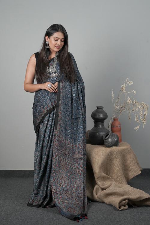Ajrakh Traditional Hand block Printed Modal-Silk Saree col Indigo Blue.
