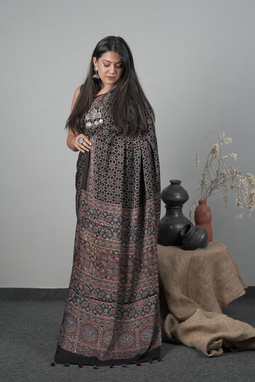 Traditional Ajrakh Hand block Printed Modal-Silk Saree,Col-Black-1