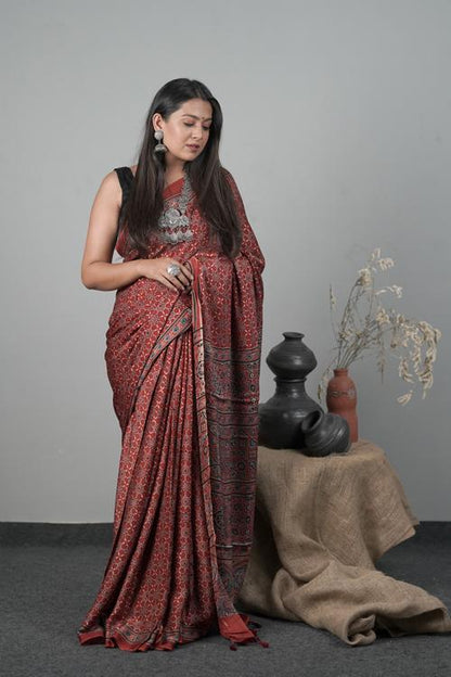 Ajrakh Hand block Printed Traditional Modal-Silk Saree Color Red