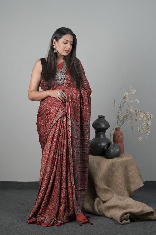 Ajrakh Hand block Printed Traditional Modal-Silk Saree Color Red