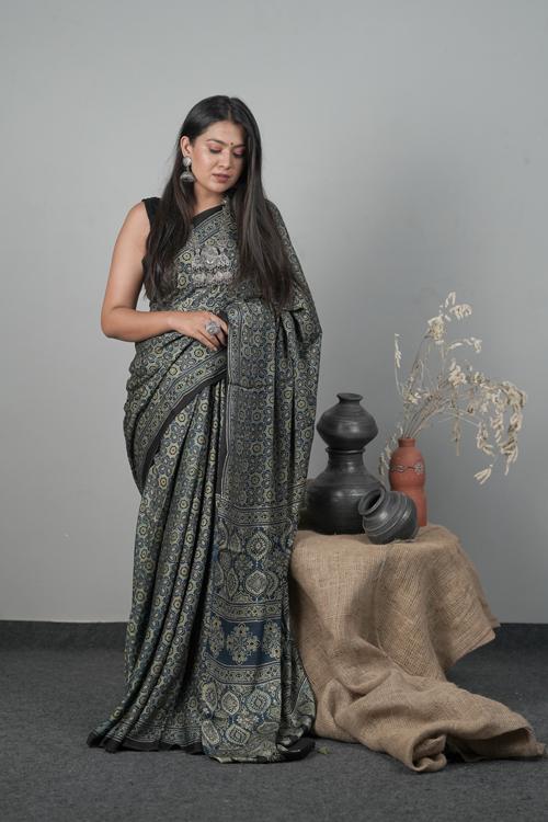 Traditional Ajrakh Hand block Printed Modal-Silk Saree, Colour Indigo Blue