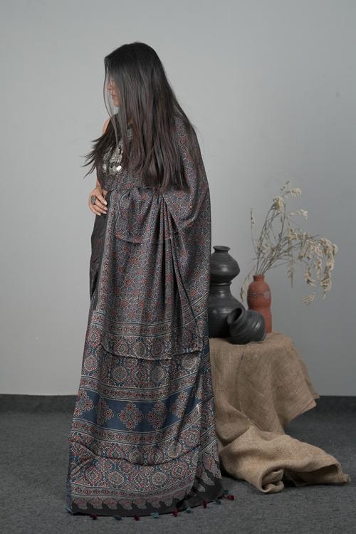 Hand block Printed Modal-Silk Indigo Blue Traditional Ajrakh Saree.
