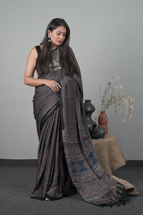 Hand block Printed Modal-Silk Indigo Blue Traditional Ajrakh Saree.