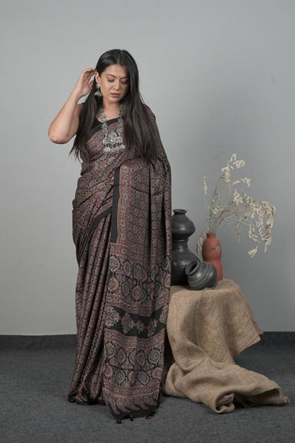 Traditional Ajrakh Hand block Printed Modal-Silk Black Colour Saree