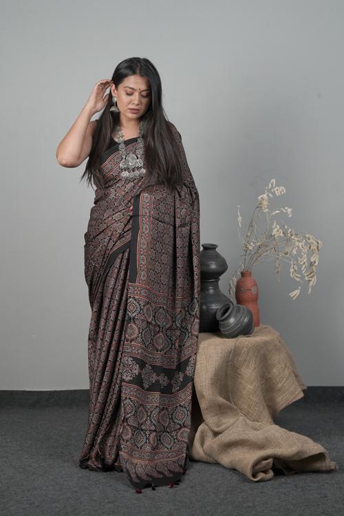 Traditional Ajrakh Hand block Printed Modal-Silk Black Colour Saree