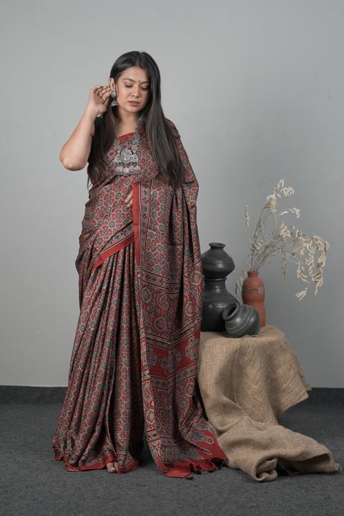 Traditional Ajrakh Hand block Printed Modal-Silk Saree, Colour Red