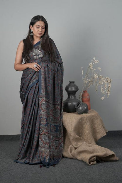 Indigo Blue Traditional Ajrakh Hand block Printed Modal-Silk Saree