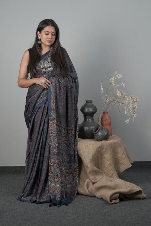 Indigo Blue Traditional Ajrakh Hand block Printed Modal-Silk Saree