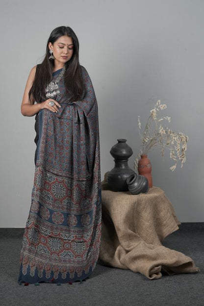 Indigo Blue Traditional Ajrakh Hand block Printed Modal-Silk Saree
