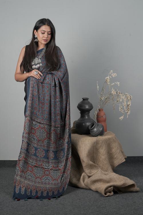 Indigo Blue Traditional Ajrakh Hand block Printed Modal-Silk Saree