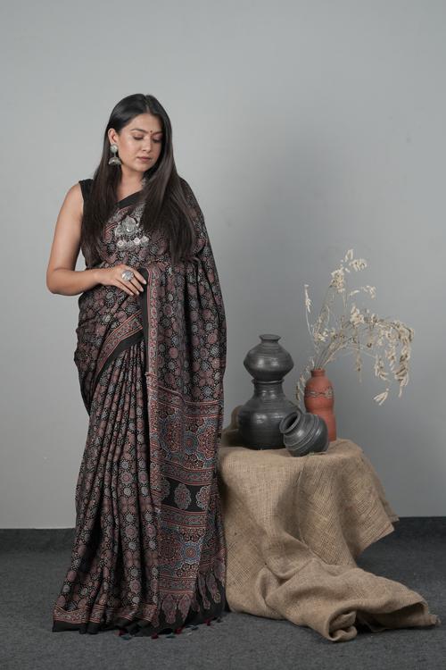 Traditional Hand block Printed Ajrakh Modal-Silk Saree Colour Black