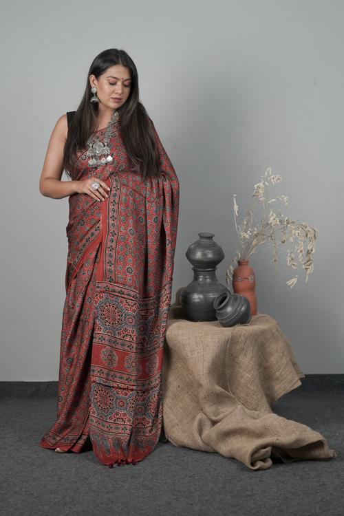 Ajrakh Traditional Hand block Printed Modal-Silk Red Saree