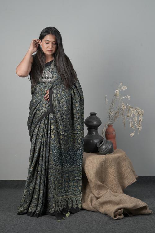 Traditional Print Hand block Indigo blue Modal-Silk Saree