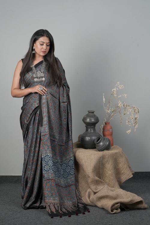 Traditional Ajrakh Hand block Printed Modal-Silk Indigo Blue Color Saree
