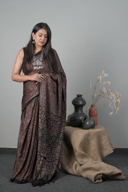 Traditional Print Ajrakh Hand block Modal-Silk Saree , Color Black