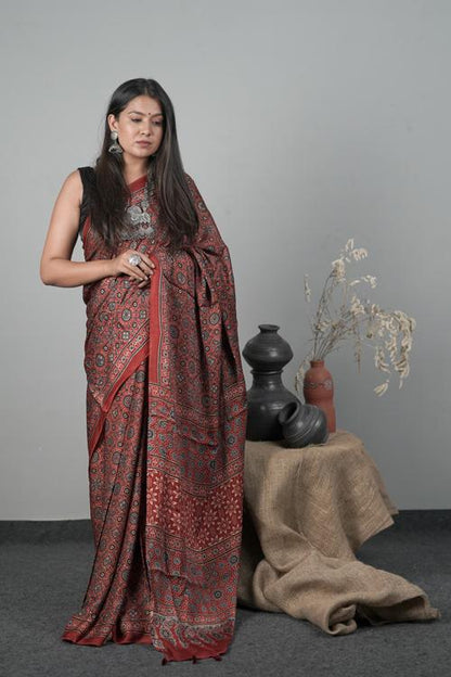Traditional Red Ajrakh Hand block Printed Modal-Silk Saree