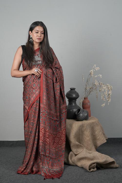 Traditional Red Ajrakh Hand block Printed Modal-Silk Saree