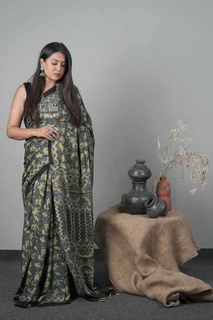 Traditional Indigo Blue Hand block Printed Ajrakh Modal-Silk Saree