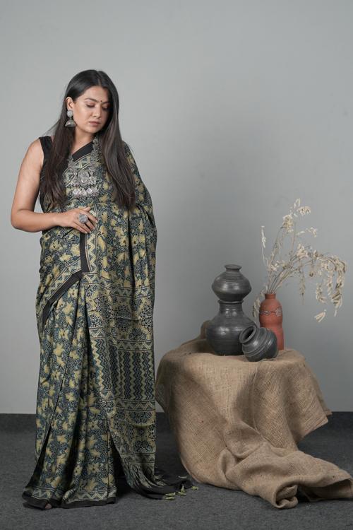 Traditional Indigo Blue Hand block Printed Ajrakh Modal-Silk Saree